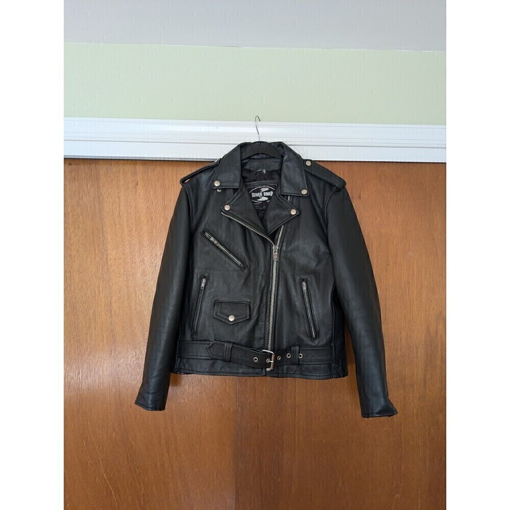 Vintage River Road Black Leather Motorcycle Jacket M Zipper Pockets Buckle Biker